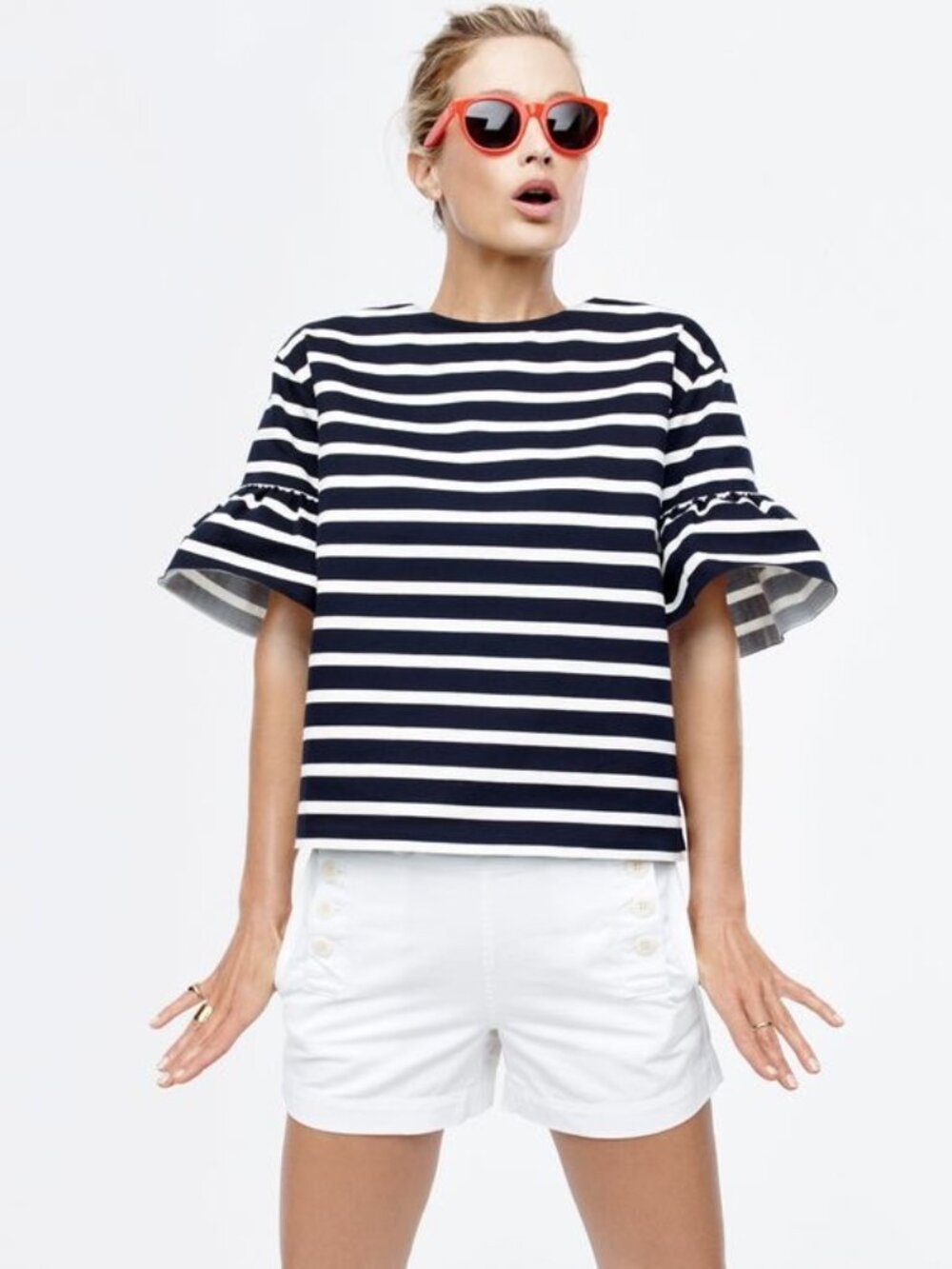 J.Crew Women's Black and White Striped Bell Ruffle Sleeve Boatneck Blouse Top
